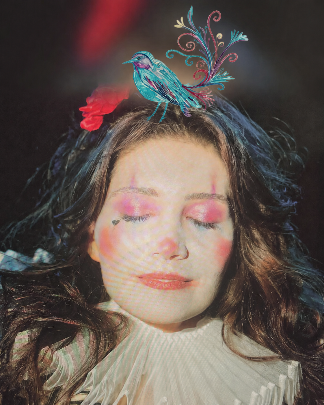 Working image of Dahlia with closed eyes and an illustrated bird resting in her hair
